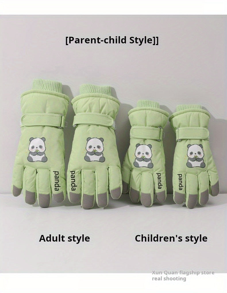1 Pair Women'S Winter Ski Gloves, Cute Panda Design, Touchscreen Compatible, Polyester Thermal Lining, Velvet Palm, Magic Tape Closure, Hand Washable, Weather-Resistant